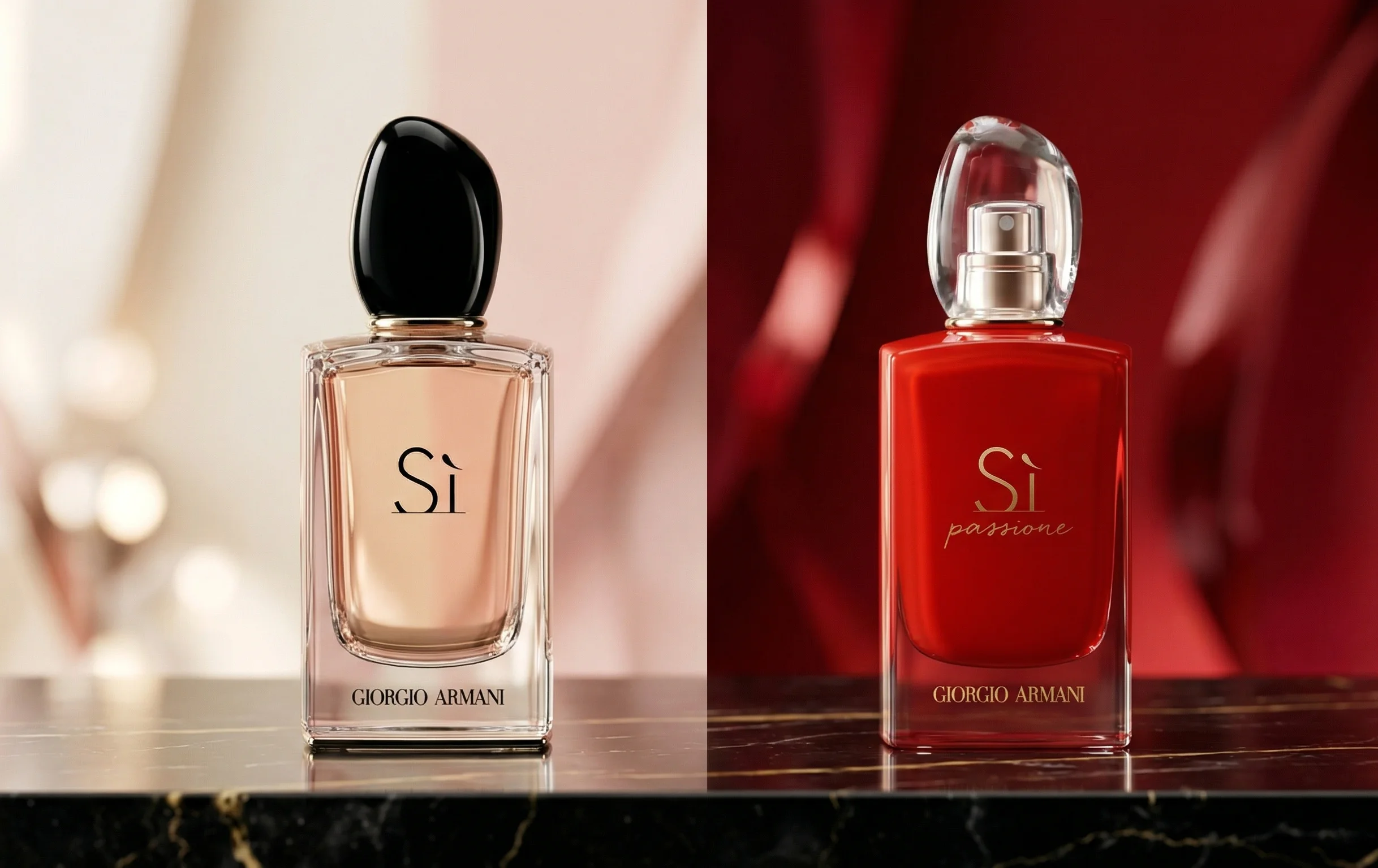 armani si czy si passione - eleganckie porównanie dwóch flakonów perfum damskich Giorgio Armani na czarnym marmurze, ukazujące różnice armani si.