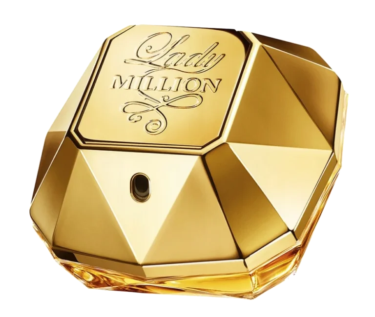 Paco Rabanne Lady Million - luksusowy złoty flakon w kształcie diamentu, skrywający słodkie perfumy damskie, wyeksponowany na eleganckim, ciemnym tle z błyszczącymi akcentami.