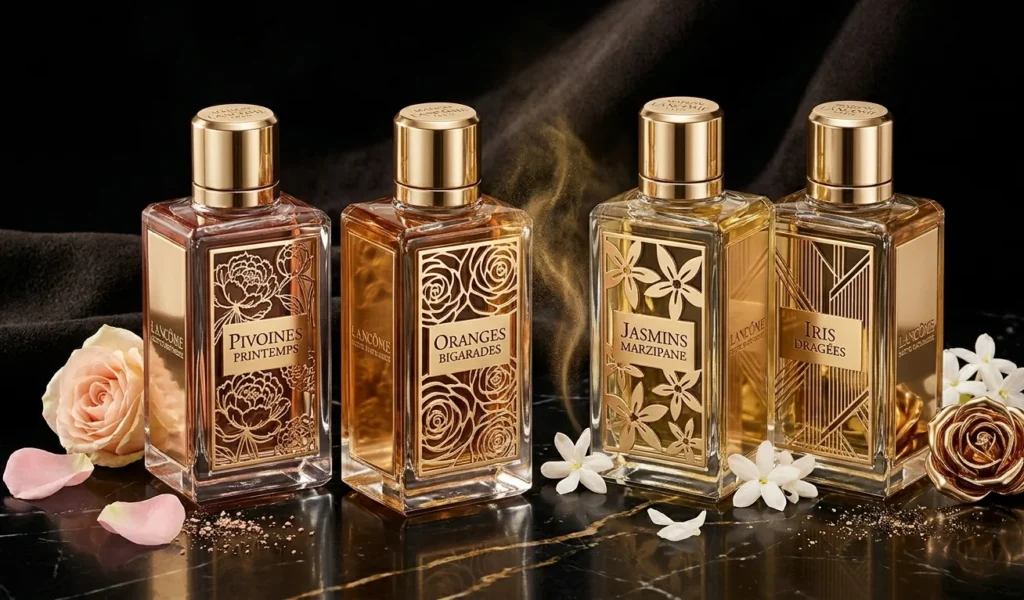 Ekskluzywna kolekcja perfumy Maison Lancôme. Cztery luksusowe flakony z misternymi, złotymi detalami na ciemnym tle, otoczone płatkami róż i kwiatami jaśminu.