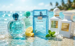 Perfumy na lato - orzeźwiające, letnie zapachy damskie i męskie od Giorgio Armani, Versace oraz Toma Forda ułożone na słonecznej plaży obok błękitnej wody i świeżych cytrusów.