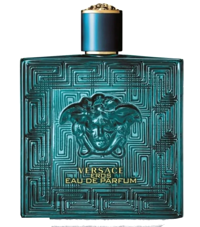 Versace Eros Eau de Parfum - luksusowy turkusowy flakon ze złotą głową Meduzy na ciemnym, wieczorowym tle, otoczony świeżymi liśćmi mięty i zielonym jabłkiem.