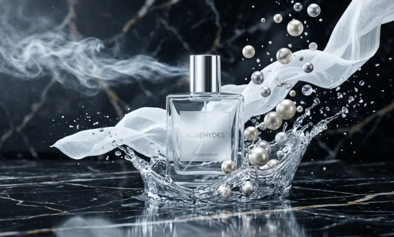 aldehydy Konceptualna fotografia perfum z nutami aldehydów: krystalicznie czysta woda, bąbelki powietrza i luksusowe mydło na czarnym tle.