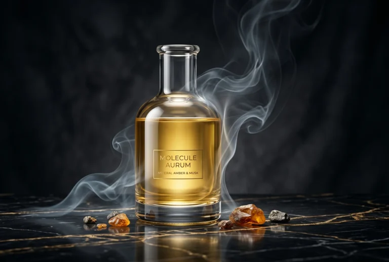 Artystyczna, conceptualna fotografia przedstawiająca jak działa ambroksan w perfumach. W centrum znajduje się elegancka, szklana fiolka laboratoryjna wypełniona glowingową, złocistą cieczą, symbolizującą syntetyczną moleкулу. Fiolka stoi на polerowanym czarnym marmurze ze złotymi żyłkami. Tło stanowi subtelny, swirlingowy dym і morska mgła, co sugeruje zwierzęcy, piżmowy i mineralny charakter moleкуły. Vogue magazine editorial style.